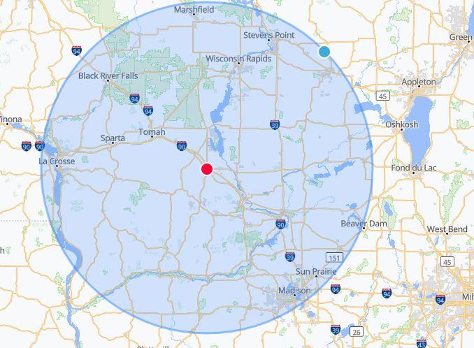 Map of our 65-mile service radius, from Mauston, Wisconsin