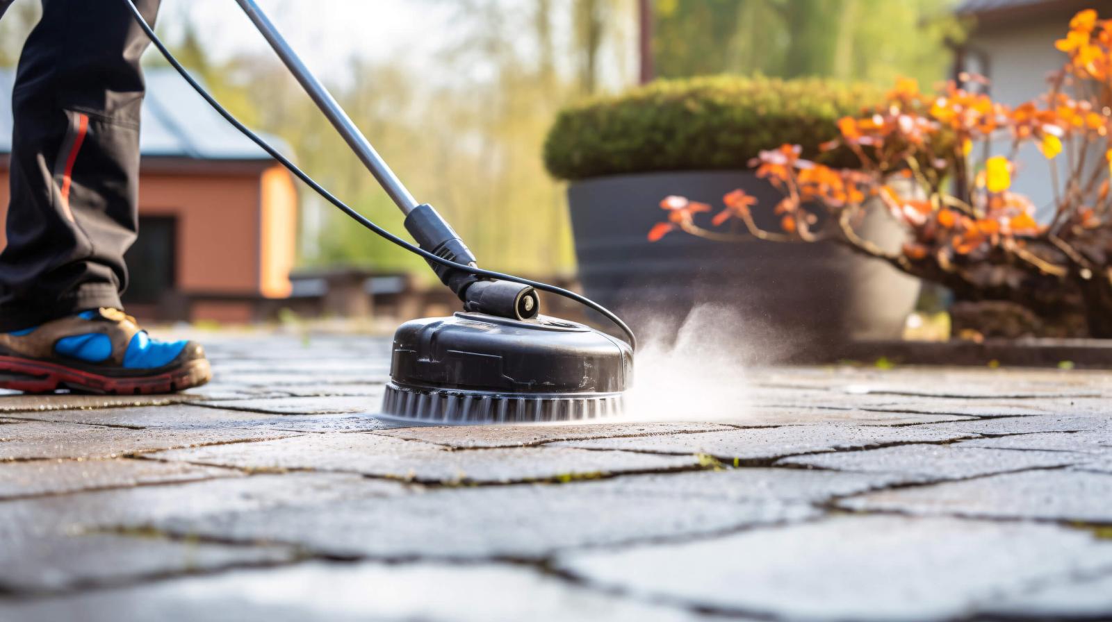 Surface cleaner efficiently removing grime and stains from a driveway in the Mauston, Wisconsin area