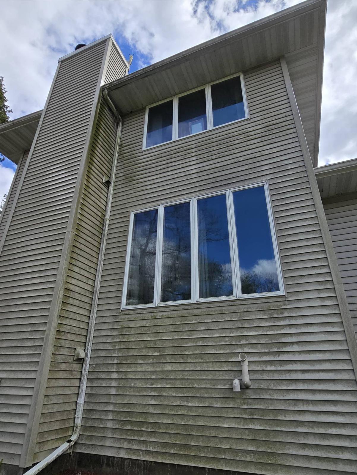 Filthy siding of a house before our soft wash treatment